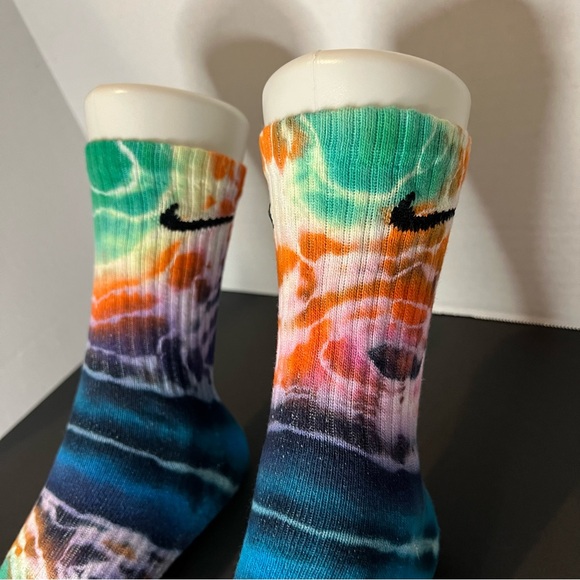 Custom Handmade Blue / Purple /Orange Pink split marble Tie-Dye NIKE Crew Socks - Picture 6 of 7